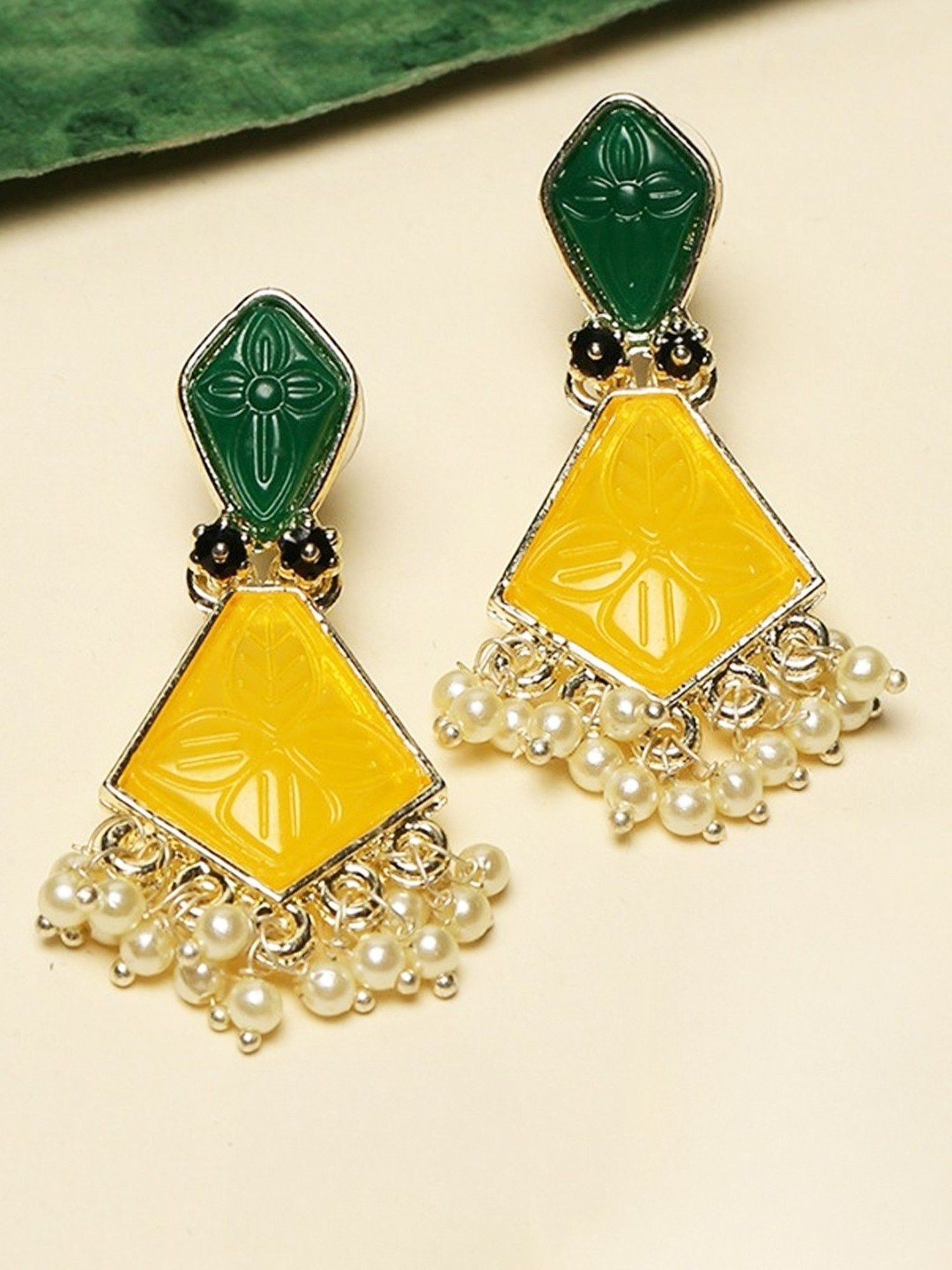 Colorful Yellow Green Tumbles Drop Earrings - South India Jewels