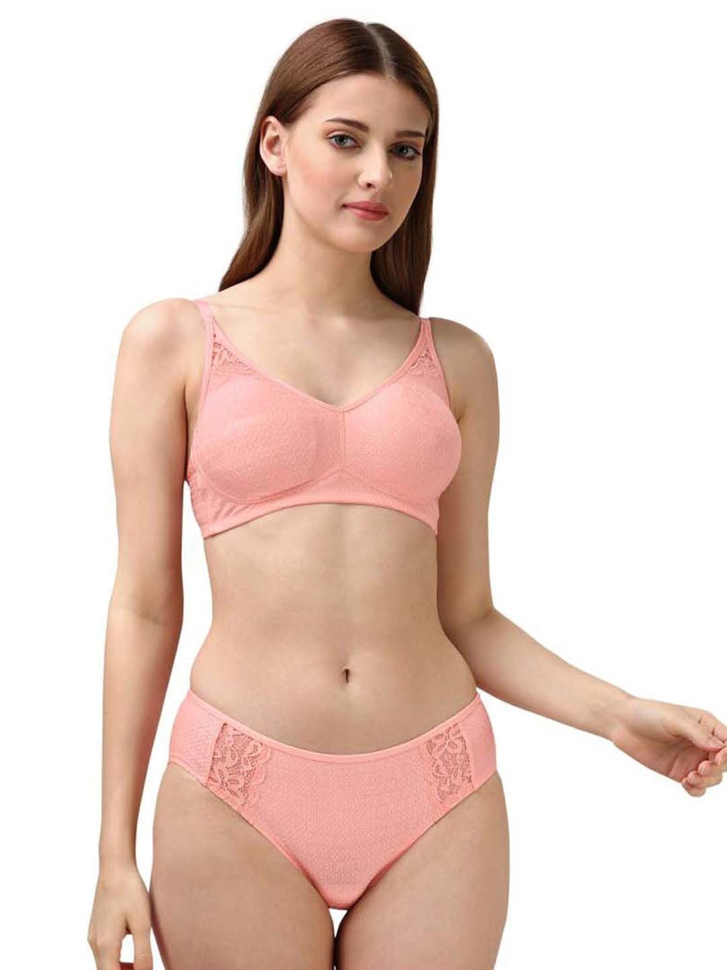 Pink Lycra Full Coverage Non-Padded Non-Wired Bra and Panty Set