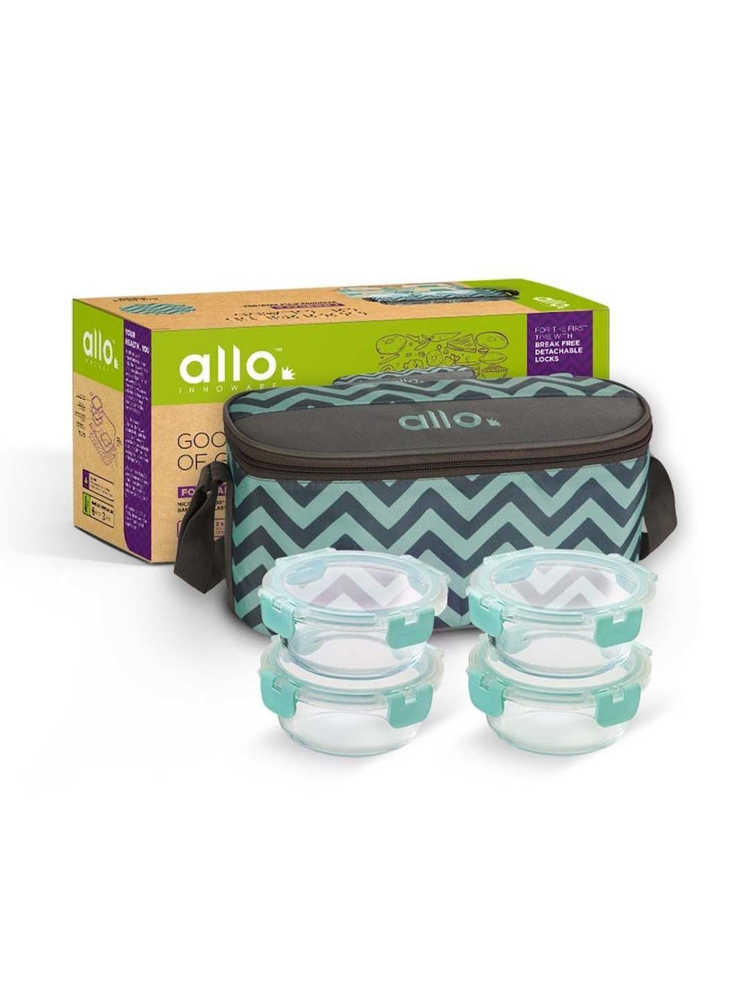 Buy Allo FoodSafe 1000ml Glass Microwave 450 degrees C Oven Safe Lunch Box  with Break Free Detachable Lock, Office Tiffin with Chevron Mint Bag,  Rectangle Divider Online at Best Prices in India 