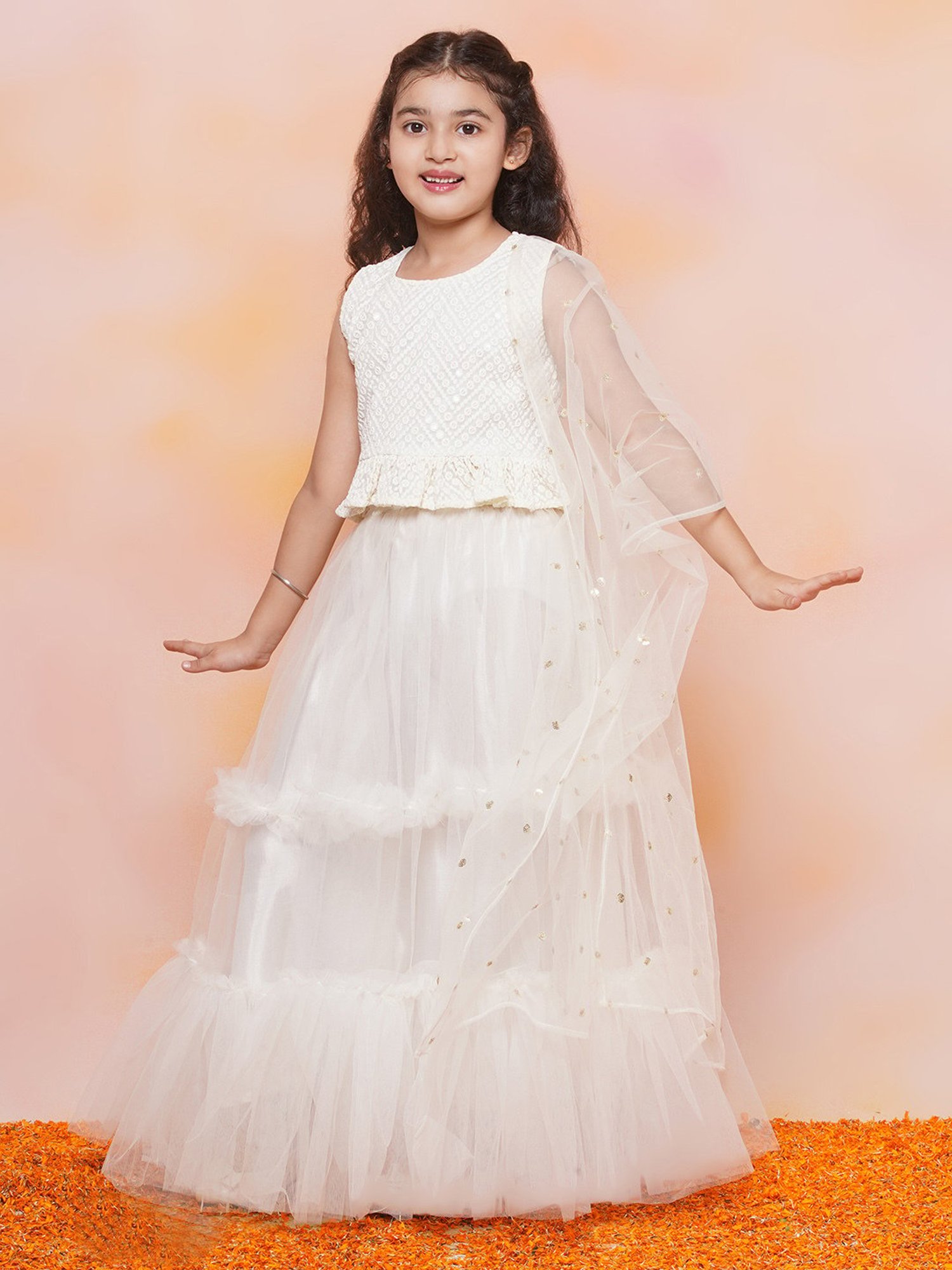 Off White Chiffon Lehenga Choli For Girls | Pretty dresses for kids, Girls  frock design, Kids designer dresses