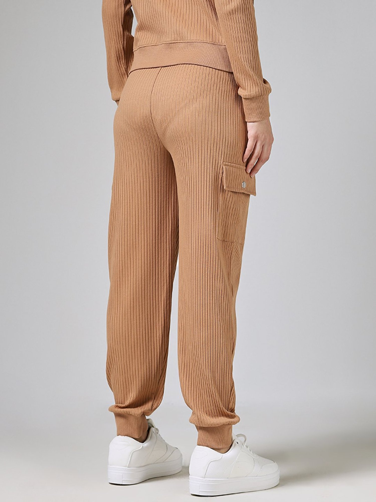 Buy Studiofit Beige Ribbed High-Waisted Joggers from Westside