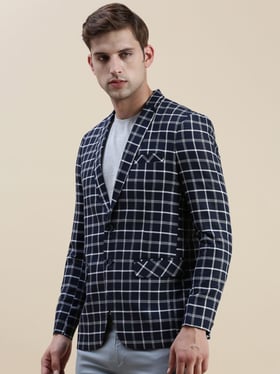 SHOWOFF Navy Blue Slim Fit Checks Blazer