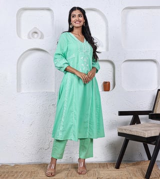 Studio Misri Pastel Green Mastani V neck Embroidered Kurta with Pants