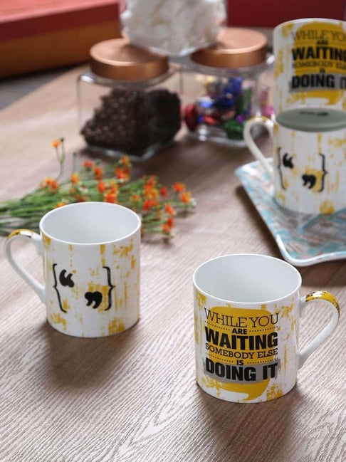 Goodhomes White & Yellow Bone China Coffee Mugs (350 ml) - Set of 4-picture-12