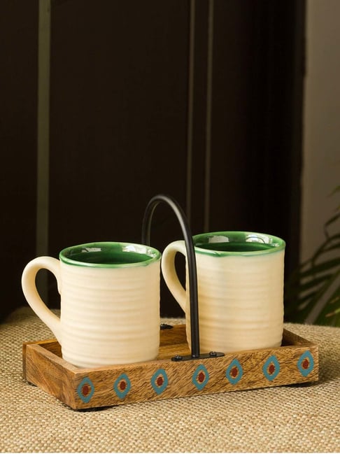 ExclusiveLane 'Jade Translucence' Hand Glazed Studio Pottery Tea Cups with Tray (Set of 2, 190 ml)