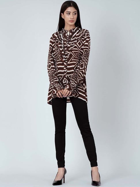 First Resort By Ramola Bachchan Brown And White Geometric Frill Shirt-picture-44