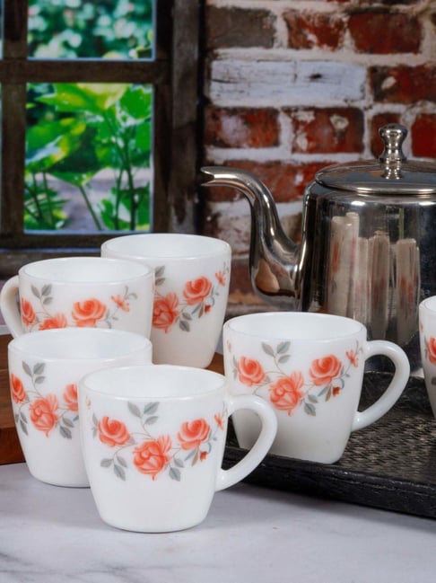 Cello Floral White Opalware Tea Cups - Set of 6 (110ml)