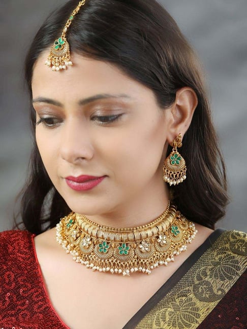 Priyaasi Green Golden Necklace, Earring Maang Tikka Set
