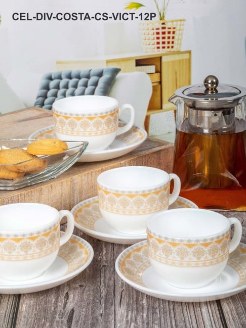 Buy Cello Divine Printed Opalware Tea Cups & Saucers - Set of 6