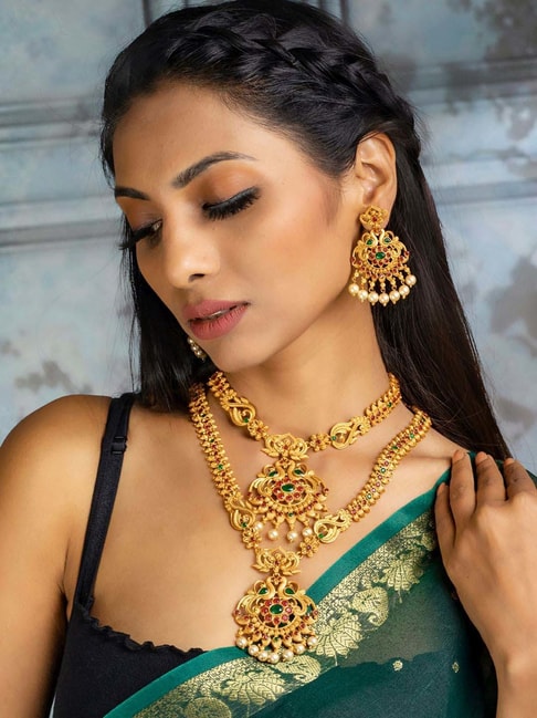 Shoshaa Gold Plated Handcrafted Kundan Green Jewellery Set