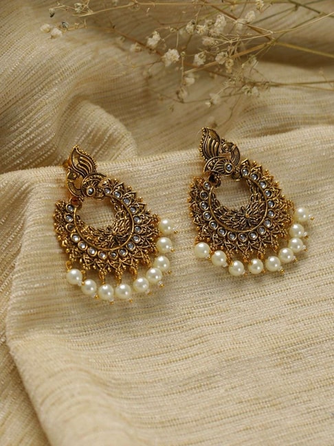 Matte Gold Finish Chandbali Earrings with Emerald and Pearl drops | Tr – Indian  Designs