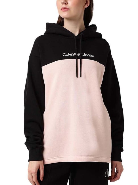 Calvin Klein Jeans Black Pink Blush Color Block Boxy Fit Hoodie