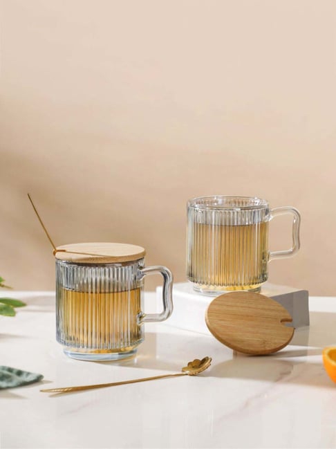 Aurora Transparent Glass Mug With Lid And Spoon Set Of 2 350 ml