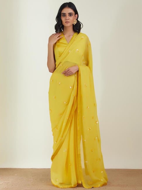 Yellow Plain Half Pleated Japan Satin Saree