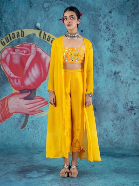 Yellow Longline Lace Jacket and Dhoti Pant Set | Pure Elegance