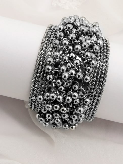 Buy Teejh Chakrika Silver Gungroo Oxidized Cuff Bracelet Online At