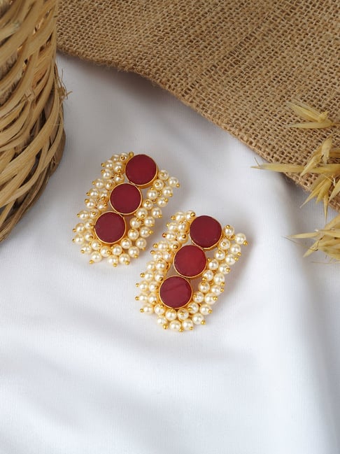 Amazing Red Stones and Pearl Studs  South India Jewels