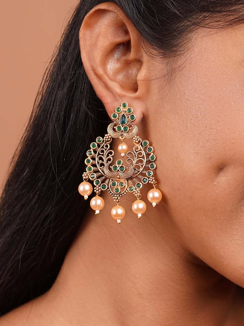 Chandbali earrings models with mango design and pota stones  Swarnakshi  Jewelry