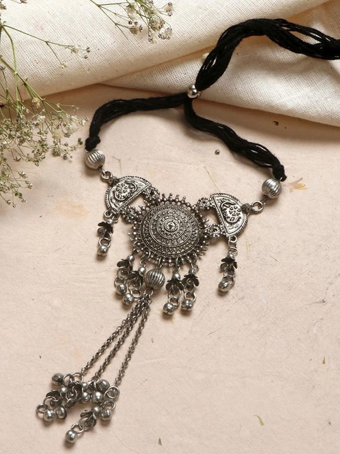 Oxidized SIlver Afghani Traditional Designer Ghunghru Hasli Choker Necklace  with Ghunghru Hoop Earring with Tassel Chain Ghunghru Bracelet for Women  and Girls. | K M HandiCrafts India