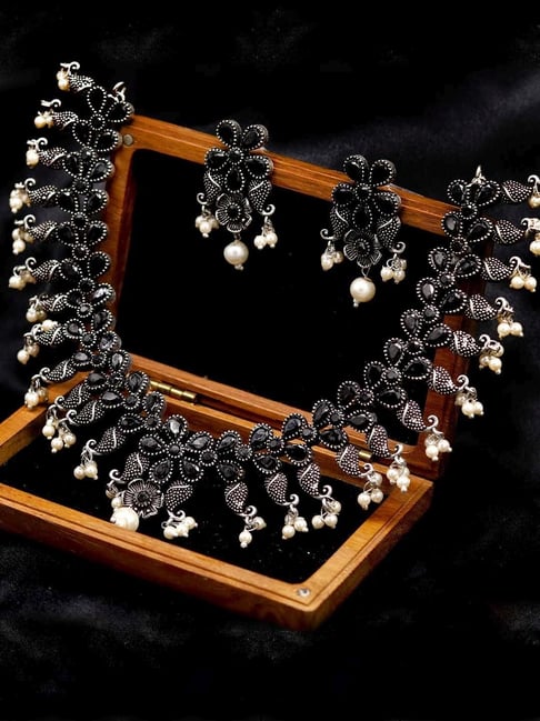 Buy Priyaasi Black Stone Silver Plated Jewellery Set Online
