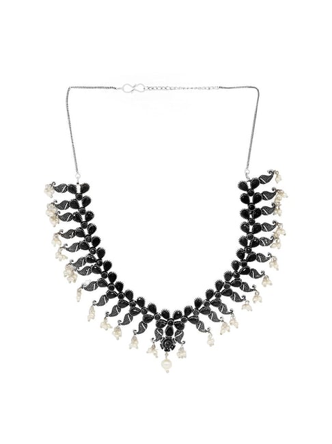 Teejh Niranjana Black Stone Silver Oxidized Necklace Earrings Set