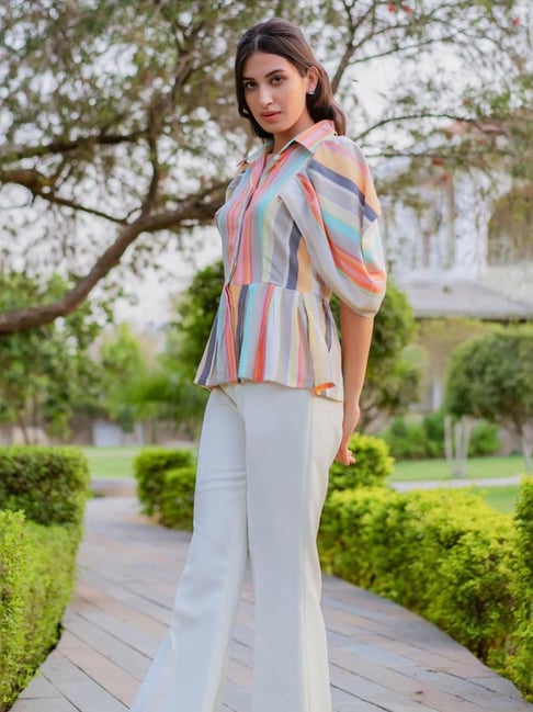 COLORFUL STRIPE SHIRT TOP＆PANTS セットアップ｜レディース 