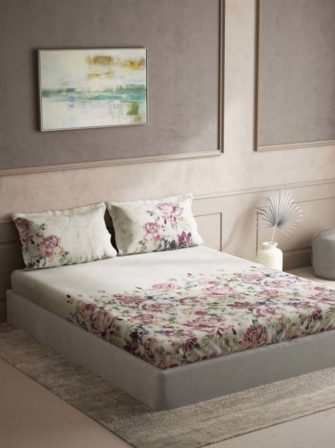 DDecor Floral Pink & White 150 TC Cotton King Bedsheet with 2 Pillow Covers