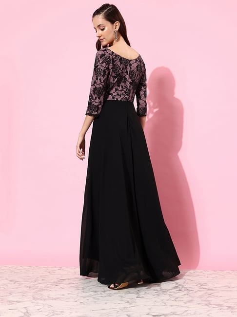 Miss Chase Black & Lavender Self Design Maxi Dress
