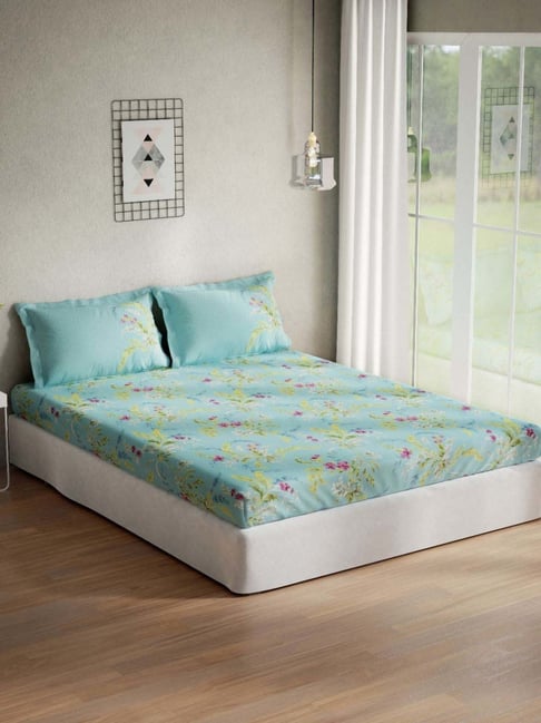 DDecor Viola Floral Blue Cotton 136 TC Double Bedsheet With 2 Pillow Covers-picture-39