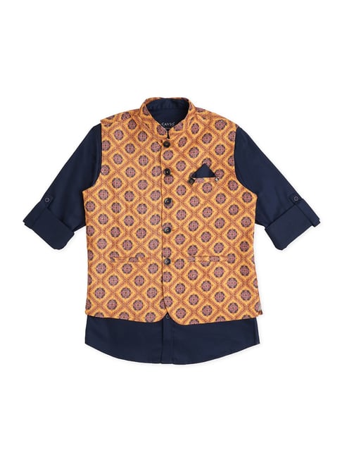 Cavio Kids Yellow & Navy Printed Full Sleeves Nehru Jacket with Shirt-picture-26