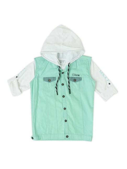 Boys Green Jacket White T Shirt Cavio Kids Sea Green White Solid