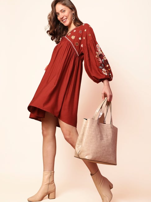 Buy Vero Moda Maroon Embroidered A Line Dress for Women Online