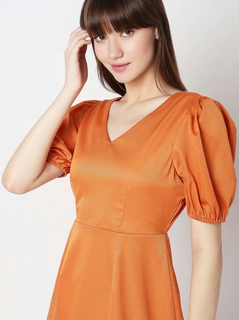 vero moda orange dress Vero Moda Orange Dress Womens Size M Sheer Sleeves Smocked Waist Lightweight