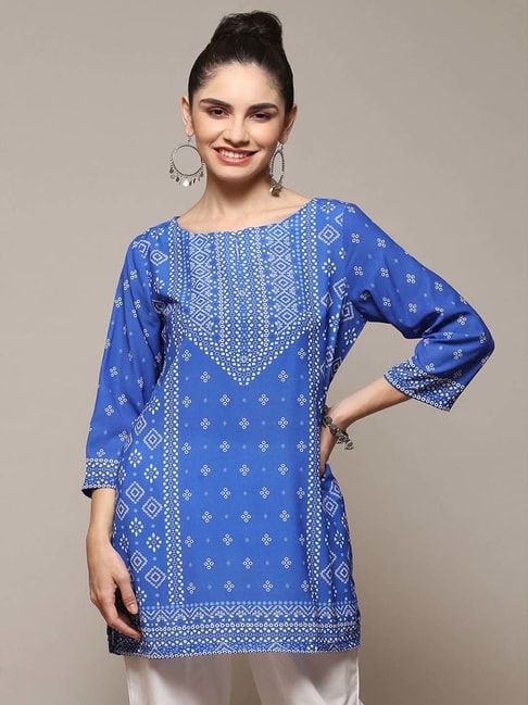 Buy BIBA Blue Denim Printed Polyester V Neck Women's Kurti | Shoppers Stop