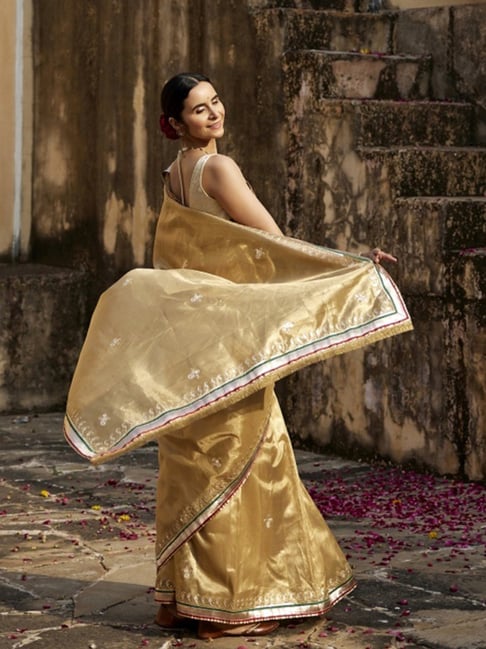 Golden Banarasi Tissue Silk Suit: Handcrafted Gota Work, Pure Gajji Silk  Dupatta – Luxurion World