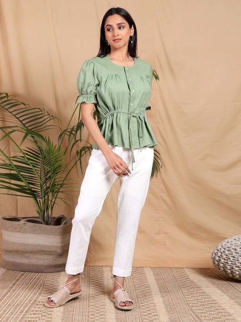 Mushio Green Anokhi Handwoven Cotton Khadi Top