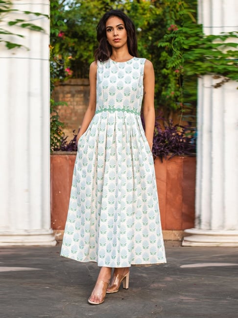 Buy White Green White Green Sleeveless Lace Belt Maxi Dress - Main Image