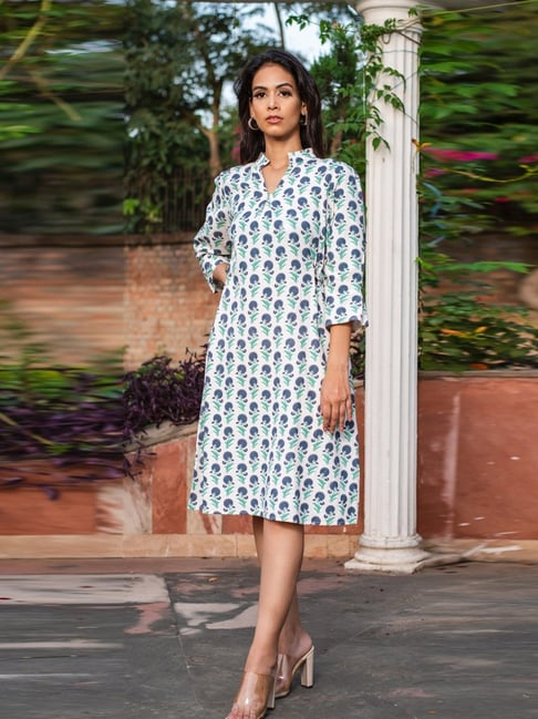 Grass Sunshine Cream Blue Boho Dreams Cotton Linen Printed Shirt Dress