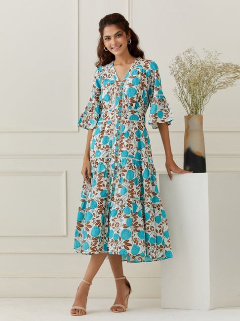 Grass Sunshine Turquoise Boho Dreams Floral Printed Maxi Dress