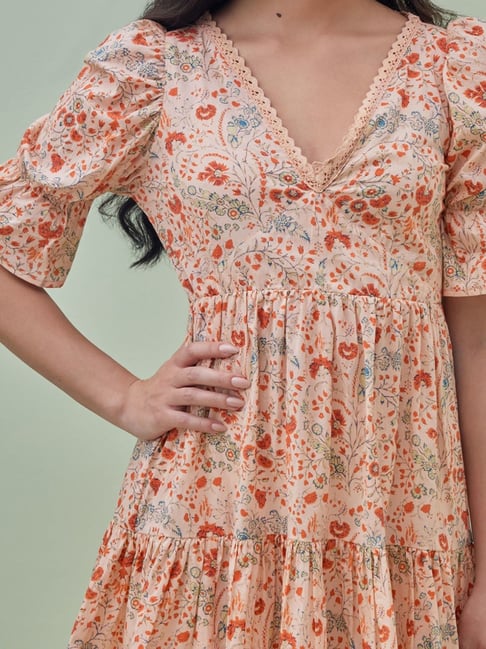 Buy Grass & Sunshine Peach Peach Floral Printed Mini Dress for