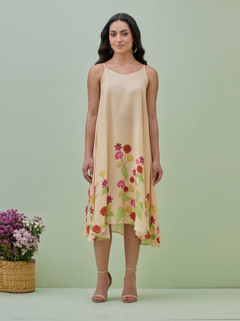 Grass Sunshine Beige Red Boho Dreams Floral Printed Flared Dress With  Cape - Main Image