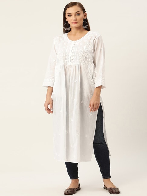 White Cut Work & Net Jaali Cotton Chikankari Kurti Fabric (Only Kurti) –  Dress365days