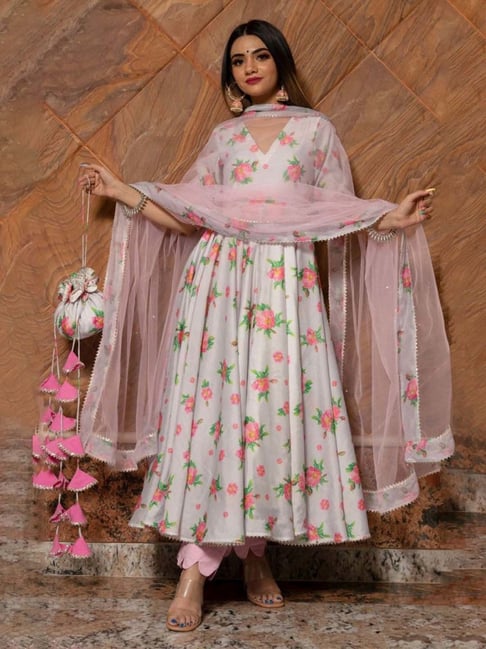 Buy Flamingo Chandheri Anarkali Kurta with Pant and Dupatta for