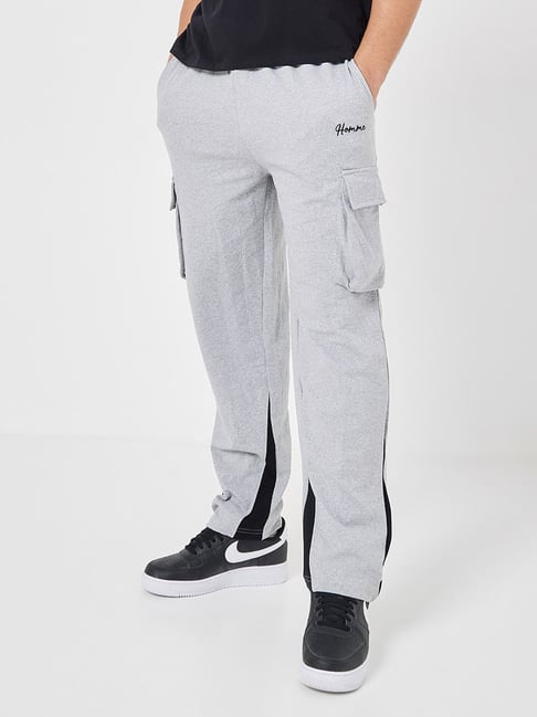 Buy Styli Grey Melange Relaxed Fit Cotton Cargo Trackpants for