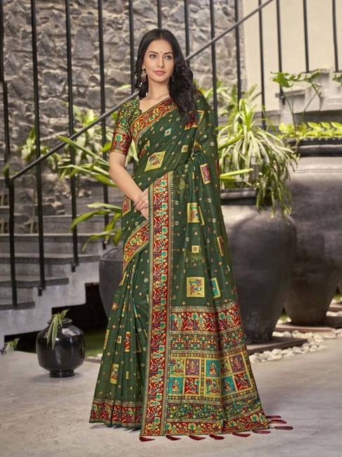 Buy Woais Women Dark Green Embroidered, Woven Jacquard, Cotton Silk  Banarasi Saree Online at Best Prices in India - JioMart.