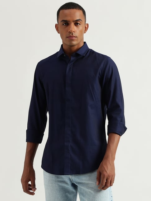United Colors of Benetton Navy Blue Cotton Slim Fit Shirt