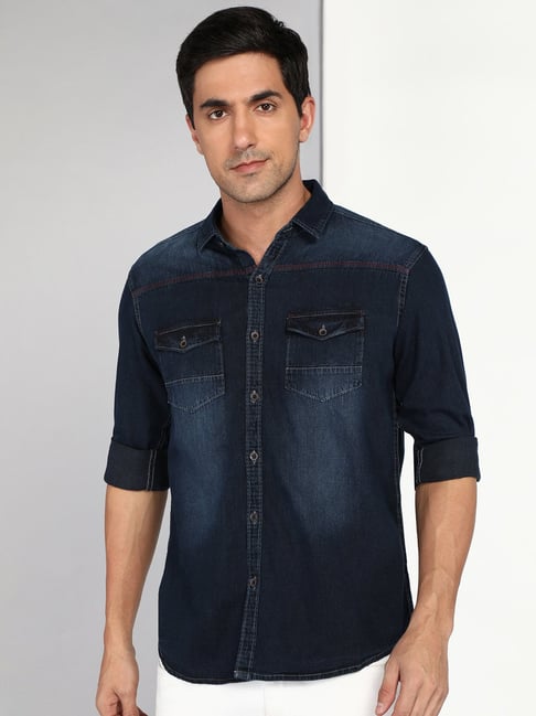 Kuons Avenue Dark Blue Slim Fit Denim Shirt