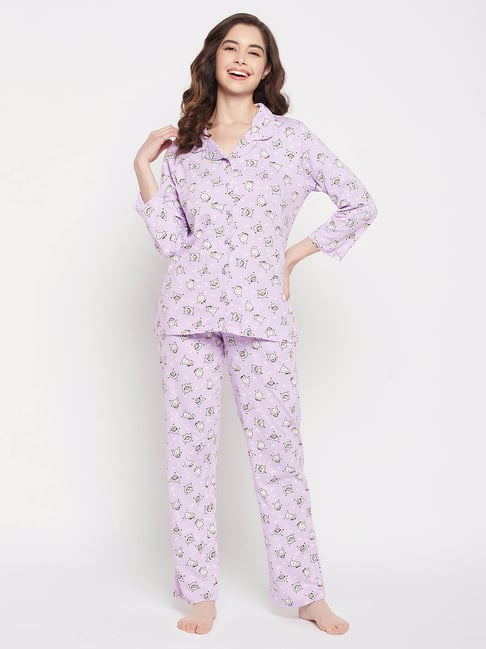 Buy Clovia Pink Cotton Printed T-Shirt and Pyjama (Set of 2) online