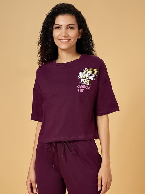 Ajile by Pantaloons Purple Cotton Graphic Print Sports T-Shirt