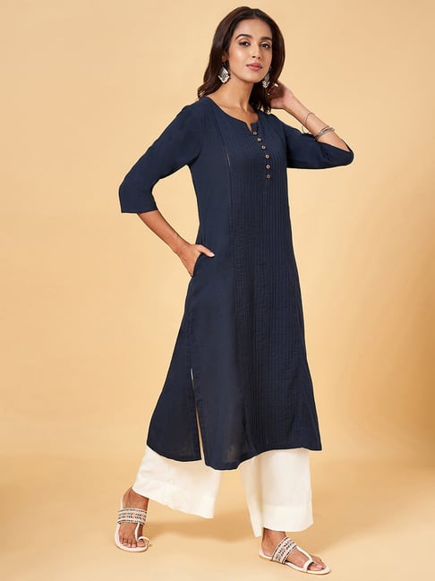 Rangmanch by Pantaloons Teal Blue Embroidered Straight Kurta